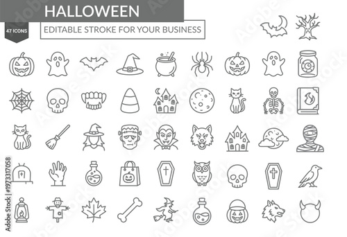 Halloween Line Icons Set Editable Stroke Spooky Vector Collection with Pumpkin Ghost and Witch Elements