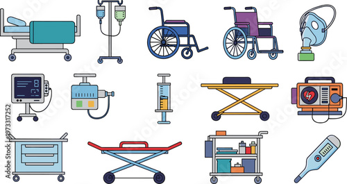 Hospital Medical Equipment Vector Set with Bed Wheelchair Ventilator Monitor Isolated on White Background
