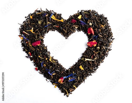 A heart shape crafted from loose-leaf tea with colorful floral and herbal additions, set against a stark white backdrop