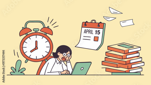 Tax deadline day concept with alarm clock and April 15 calendar page deadline stress time management