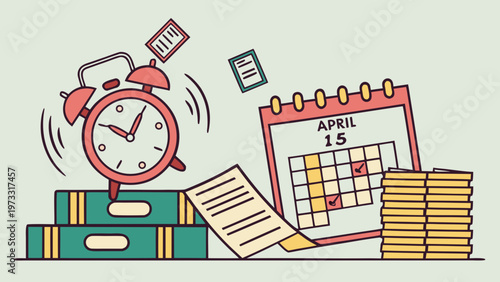 Tax deadline day concept with alarm clock and April 15 calendar page deadline stress time management
