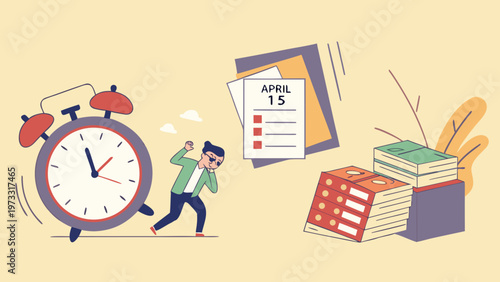 Tax deadline day concept with alarm clock and April 15 calendar page deadline stress time management
