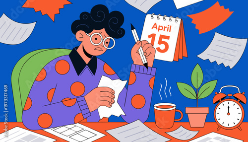 Tax deadline day concept with alarm clock and April 15 calendar page deadline stress time management