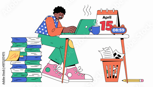 Tax deadline day concept with alarm clock and April 15 calendar page deadline stress time management