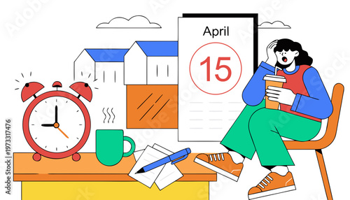 Tax deadline day concept with alarm clock and April 15 calendar page deadline stress time management