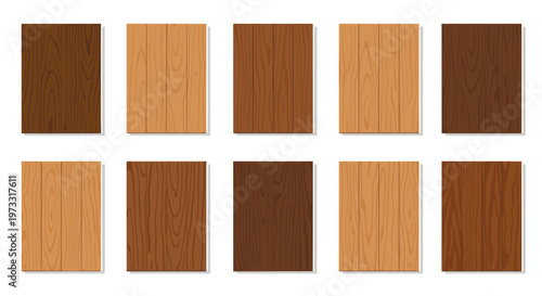 A comprehensive collection of ten rectangular wood swatches displays a diverse range of natural grain patterns and rich colors from light oak to dark mahogany.