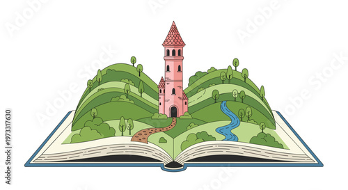 An enchanting open pop-up book reveals a whimsical three-dimensional landscape featuring a tall pink castle tower nestled among rolling green hills and a blue river.