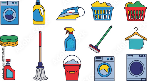 House Cleaning Equipment Vector Set with Washing Machine Mop Bucket Detergent Isolated on White Background