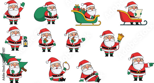 Santa Claus Christmas Vector Set with Sleigh Gifts Tree Cartoon Characters Isolated on White Background
