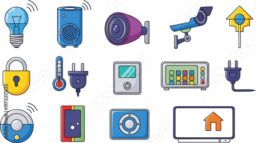 Smart Home Technology Vector Set with Security Camera Lock Sensor Thermostat Devices Isolated on White Background