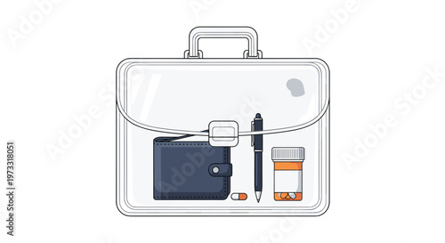 A professional clear plastic briefcase displays its contents including a sleek navy wallet and a medical pill container on a pristine white backdrop.