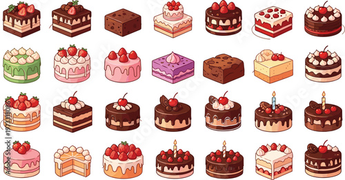 Delicious Cake Icon Set with Different Flavors, Toppings, and Decorations for Bakery, Dessert, and Sweet Treat Designs