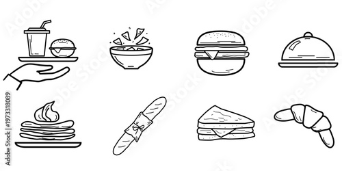 Croissants, hamburgers, and nachos on a plate, a set of fast food icons. Vector illustration. Baguette, pancakes, and a sandwich, a collection of baking icons isolated on a white background.