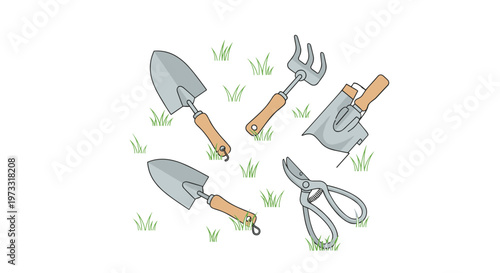 A collection of essential metal gardening hand tools with wooden handles rests upon a white surface dotted with small green grass clumps and tufts.
