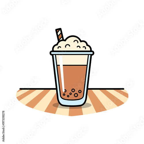 Refreshing Boba Treat: A delectable glass of boba tea, layered with creamy froth and a striped straw, resting on a striped surface. A visual ode to refreshment and sweetness.
