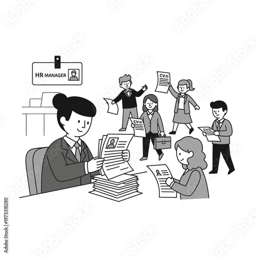 HR Manager's Desk: A scene unfolds in a modern office, as an HR manager meticulously reviews resumes, amidst a flurry of activity and the buzz of potential candidates.