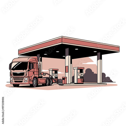 Fueling the Journey: A large transport truck refueling at a gas station, a symbol of the logistics and transportation industry.