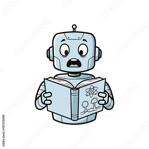 Curious Robot Studying Science: An inquisitive robot, captivated by the world of science, pores over a textbook filled with diagrams and concepts, showcasing the wonder of learning.