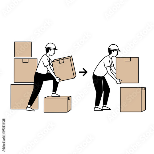 Logistics worker lifting a box : A worker is carrying and assembling boxes, emphasizing the logistics of loading and carrying goods. 