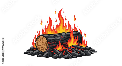 A rustic campfire features a thick wooden log burning intensely atop a pile of dark charcoal pieces against a clean and minimalist white background.