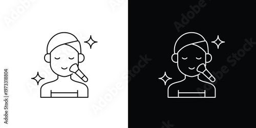 A Line Art Icon of a Woman Applying Makeup with a Brush, Sparkles, and a Head Towel