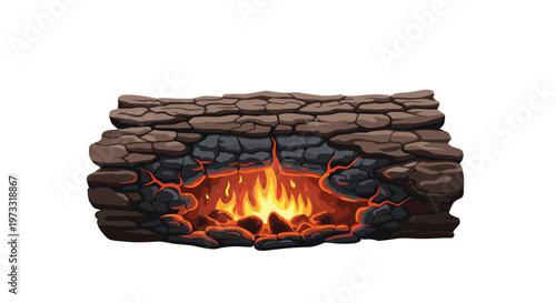 A weathered brown tree log features a central cavity filled with flickering orange flames and glowing embers set against a plain white studio background.