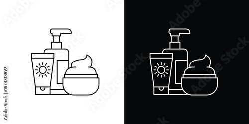 Sunscreen Products Icons Set of Cosmetic and Skincare Items with Sun Protection Symbol