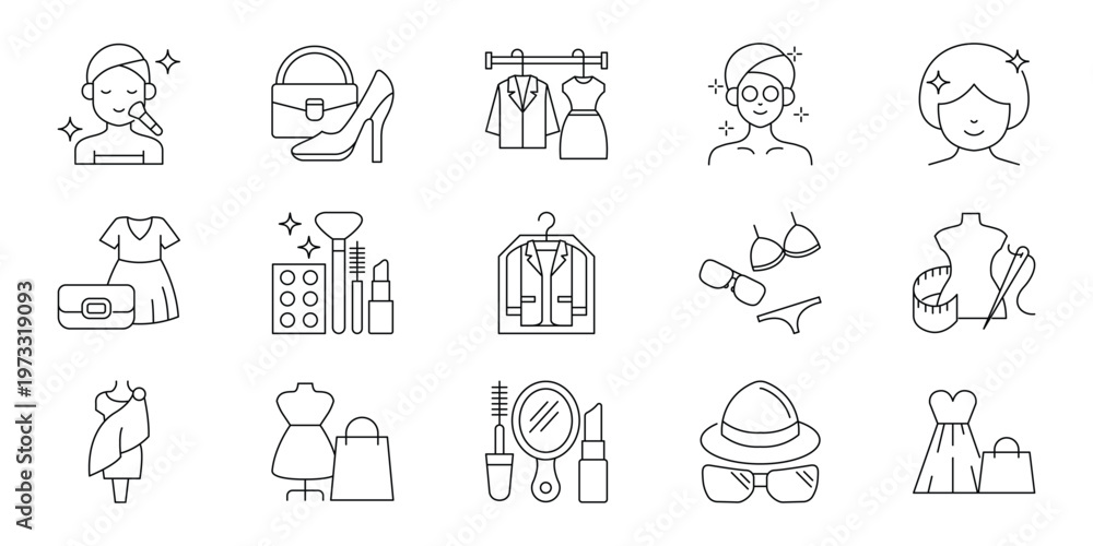 Fototapeta premium Fashion and beauty icons set for clothing accessories makeup and style related designs