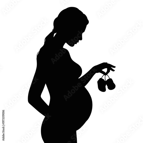 Pregnant woman holding baby booties silhouette in side view, maternity anticipation and waiting for newborn concept, isolated black figure for baby shower card or celebration design