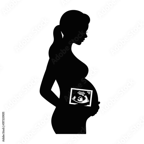 Pregnant woman holding ultrasound photo silhouette in side view, maternity announcement and waiting for baby concept, isolated black figure for greeting card or baby shower design