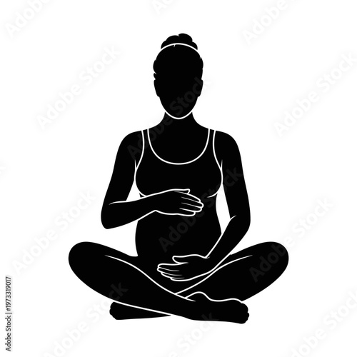 Pregnant woman meditating in lotus pose silhouette, prenatal yoga and mindful maternity concept, isolated black figure for wellness poster or motherhood design