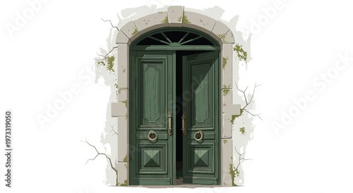 An ancient pair of dark green wooden doors sits partially open within a rustic stone archway featuring cracked plaster and vibrant mossy green textures.