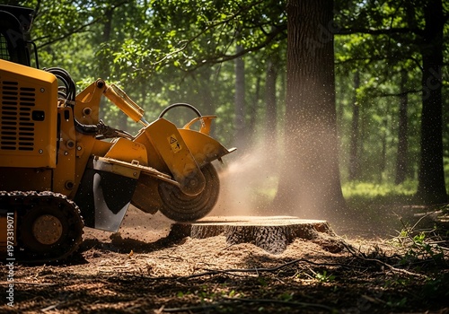 Yellow stump grinder pulverizing wood yellow machine