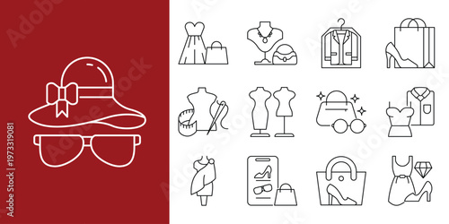 Fashionable accessory icons, including hats, sunglasses, jewelry, and shopping bags