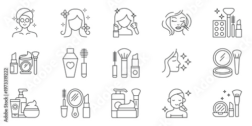 Set of icons and illustrations related to beauty and makeup products and procedures