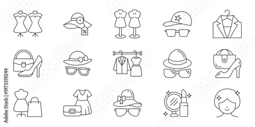 Elegant Fashion and Beauty Line Icons Collection for Modern Style and Accessory Trends, Perfect for E-commerce, Blogs, and Design Projects