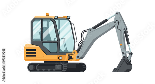 A heavy-duty yellow and grey hydraulic excavator sits in a side profile view showcasing its mechanical arm and sturdy tracks on a white background.