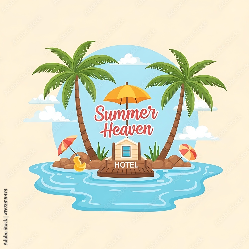 Fototapeta premium Summer paradise scene with palm trees beach umbrella and resort illustration