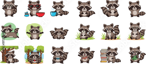 Cute Raccoon Icon Set with Different Poses, Accessories, and Actions for Wildlife, Animal, and Cartoon-Themed Designs