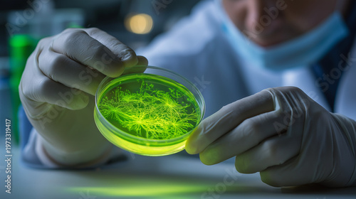 Microscope Researcher: A scientist meticulously examines a petri dish in a laboratory setting. A close-up shot captures the meticulous work and precision in a scientific setting. 