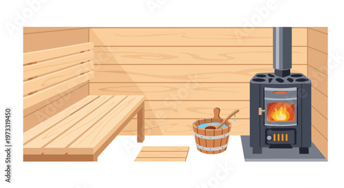A cozy corner of a traditional wooden sauna features a single tiered bench next to a black metal stove and a rustic wooden water bucket with a ladle.