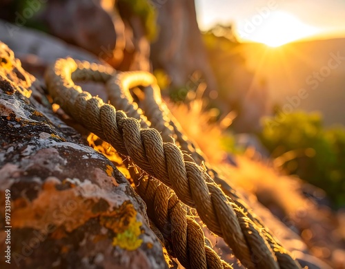 Close-up of a thick, textured rope coiled over rugged rocks, illuminated by the warm glow of a sunset in the background