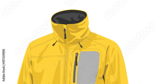 A detailed close-up shot of a bright yellow high-visibility work jacket highlights the sturdy zipper and a functional gray mesh pocket on the left chest.