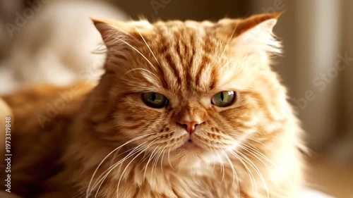 Close-up portrait of a fluffy ginger cat with green eyes, looking directly at the camera.