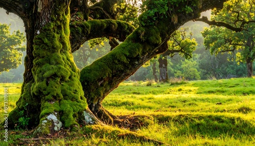 A serene mossy tree in a sunlit green meadow