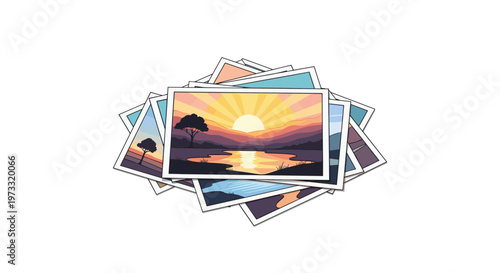 A disorganized stack of landscape photographs features a prominent top image showing a vibrant orange sunset over a calm lake with purple mountains.