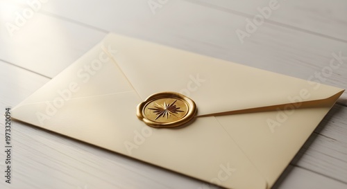 Closeup of a creamcolored envelope sealed with a gold wax seal featuring a starburst design, resting on a white wooden surface