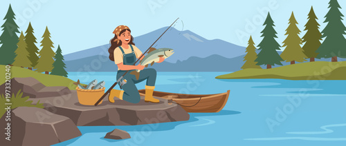 A happy woman in overalls catches fish at a peaceful mountain lake, surrounded by lush trees and a stunning backdrop. This image captures outdoor joy and adventure beautifully.