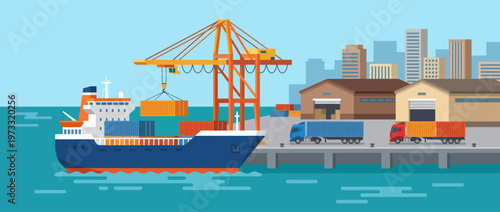 A vector illustration showcases a large cargo ship being loaded at a shipping terminal, emphasizing transportation, logistics, and supply chain processes.