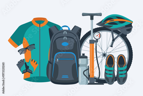 An assortment of vibrant cycling gear is laid out, including a bike, helmet, and accessories, representing an active lifestyle and the thrill of outdoor adventures on wheels.